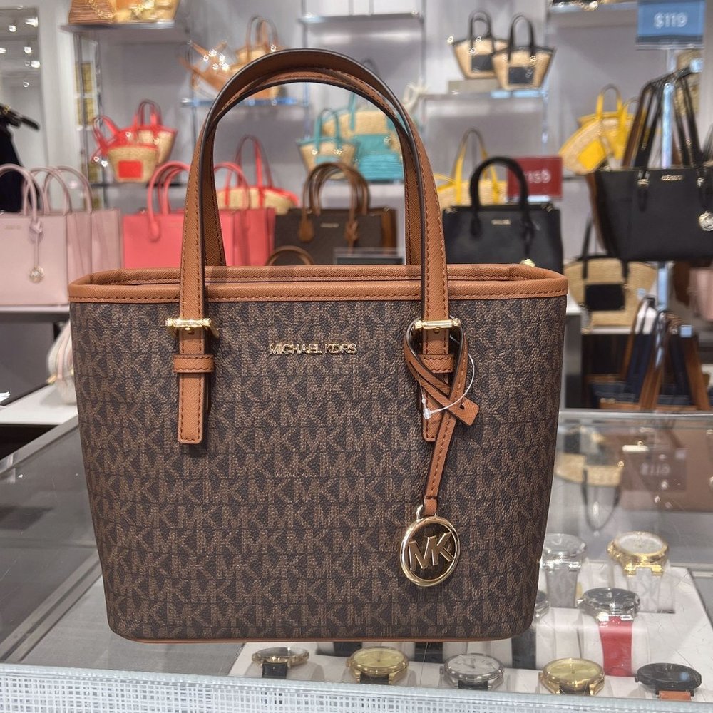 MICHAEL KORS MK JET SET TRAVEL XS ZIP CROSSBODY TOTE BAG BROWN SIGNATURE LOGO